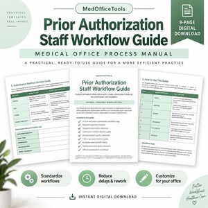 May include: A 9-page digital download titled Prior Authorization Staff Workflow Guide, featuring a medical office process manual with tables, checklists, and workflow stages for intake, submission, documentation, and escalation in a professional format.