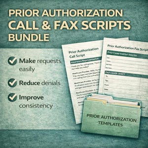 Puede incluir: Un paquete de "Scripts de llamadas y fax de autorización previa" con una carpeta verde con la etiqueta "Plantillas de autorización previa". La imagen incluye guiones y una lista de verificación con el texto "Hacer solicitudes fácilmente", "Reducir denegaciones".
