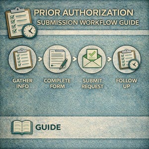 May include: An illustrated workflow guide titled "Prior Authorization Submission Workflow Guide." The guide outlines steps: Gather Info, Complete Form, Submit Request, and Follow Up. Includes a clipboard, clock, envelope, and open book illustrations on a textured blue background.