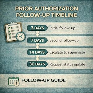 May include: An infographic in teal and beige, titled "Prior Authorization Follow-Up Timeline." It outlines a follow-up process with steps at 3, 7, 14, and 30 days. Includes a clipboard, clock, and calendar icon.