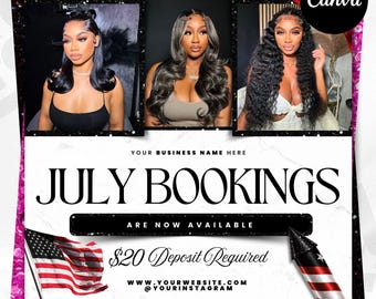 July Booking Flyer, July Books Open Template, 4th Of July Booking Flyer, Appointment Flyer, July Hair Nails Lashes Makeup Book Now Flyer