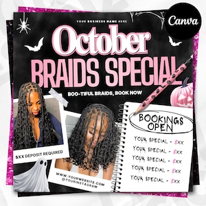 May include: A promotional flyer for October Braids Special featuring text, a pink pencil, a ghost illustration, and two photographs of individuals with braided hairstyles. The design includes a black background with pink accents and a spiral notebook graphic.