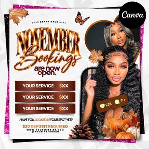 May include: A promotional flyer for November bookings featuring gold text that reads November Bookings are now open. The design includes images of two individuals, autumn leaves, pumpkins, a pinecone, and a butterfly. It lists service placeholders and social media engagement icons.