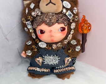 Custom Luxury Handmade Bling Crystal doll Pop Mart Hirono Living Wild Fight for Joy Plush Doll Bear