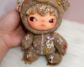 Custom Luxury Handmade Bling Crystal doll Popmart Hirono Road Journal Series Plush Pendant Woven Woods