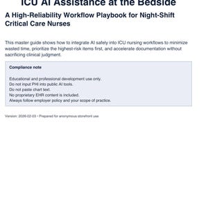 May include: A white document titled "ICU AI Assistance at the Bedside" detailing AI integration in ICU nursing workflows. It's a high-reliability workflow playbook for critical care nurses, with a "Compliance note" and version information.
