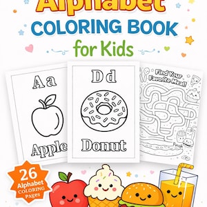 Könnte beinhalten: Ein farbenfrohes Malbuch für Kinder mit dem Titel "Food Alphabet Coloring Book for Kids". Das Cover zeigt Beispielseiten mit einem Apfel und einem Donut sowie ein Labyrinth. Niedliche Essensillustrationen.