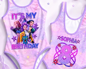 Custom Huntrix Birthday Swimsuit, KPop Demon Hunters Girls Swimwear, Personalized Name Age Beach Outfit