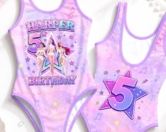 Personalized Huntrix Birthday Swimsuit for Girls, KPop Demon Hunters Birthday Outfit, Custom Name Age Swimwear, Pool Party Gift