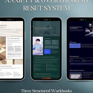 May include: Three smartphones displaying workbook pages. The text at the top reads "ANXIETY & OVERTHINKING RESET SYSTEM." The bottom text says "Three Structured Workbooks One Complete Reset System."
