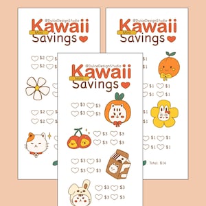 Puede incluir: Tres hojas de desafío de ahorro Kawaii tamaño A6 con lindas ilustraciones de una flor, un gato, una naranja, cerezas, un cartón de leche y un conejito. Cada hoja tiene una cantidad total de ahorro diferente. El texto "KAWAII SAVING CHALLENGE" está en la parte superior.