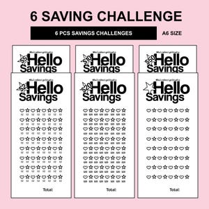 Puede incluir: Una hoja de desafío de ahorro rosa de tamaño A6 con el texto "6 SAVING CHALLENGE" y "6 PCS SAVINGS CHALLENGES". La hoja presenta múltiples rastreadores de ahorro con las palabras "Hello Savings" y varias cantidades, junto con iconos de corazón y estrella.