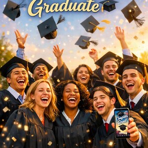 May include: A celebratory image featuring a group of graduates in black gowns and mortarboards, joyfully tossing their caps in the air. The text "Congratulations Graduate" is displayed above them. A phone displays "Congrats Grad!" and the text "A Song to Celebrate Your Journey".