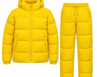 Yellow Puffer Tracksuit Set, Hooded Puffer Jacket and Pants, Minimalist Winter Streetwear, Matching Yellow Outfit