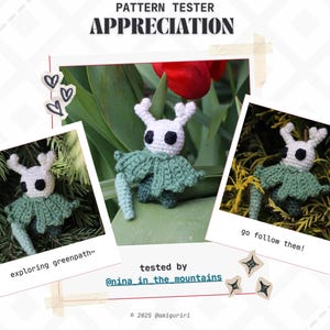 May include: A crochet amigurumi figure with a white head, black eyes, and antlers, wearing a sage green cape. The image includes text: PATTERN TESTER APPRECIATION, exploring greenpath~, go follow them!, tested by @nina_in_the_mountains, and &copy; 2025 @amiguriri.