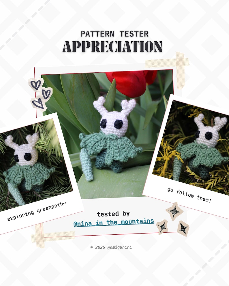 May include: A crochet amigurumi figure with a white head, black eyes, and antlers, wearing a sage green cape. The image includes text: PATTERN TESTER APPRECIATION, exploring greenpath~, go follow them!, tested by @nina_in_the_mountains, and &copy; 2025 @amiguriri.