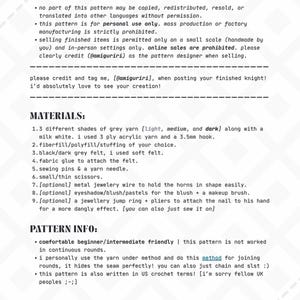 May include: A document titled COPYRIGHTS & TERMS OF USE, MATERIALS, and PATTERN INFO. It lists instructions for a crochet pattern, including yarn shades, a 3.5mm hook, fibre-fill, felt, glue, pins, needle, scissors, wire, and makeup for blush.