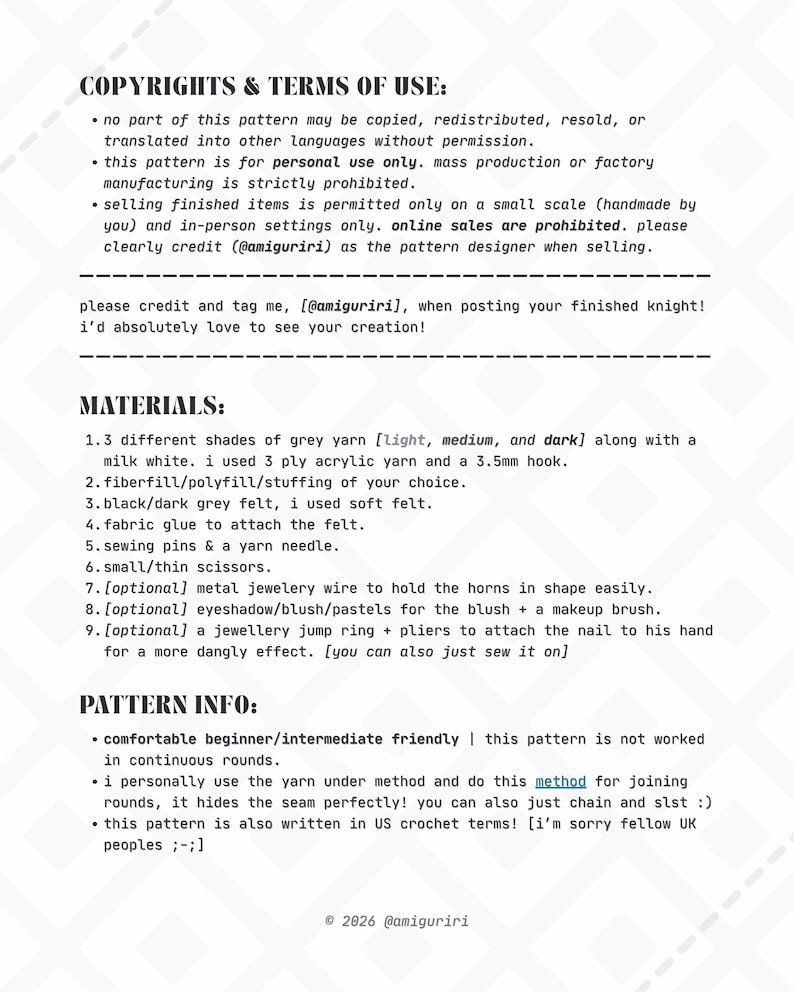 May include: A document titled COPYRIGHTS & TERMS OF USE, MATERIALS, and PATTERN INFO. It lists instructions for a crochet pattern, including yarn shades, a 3.5mm hook, fibre-fill, felt, glue, pins, needle, scissors, wire, and makeup for blush.