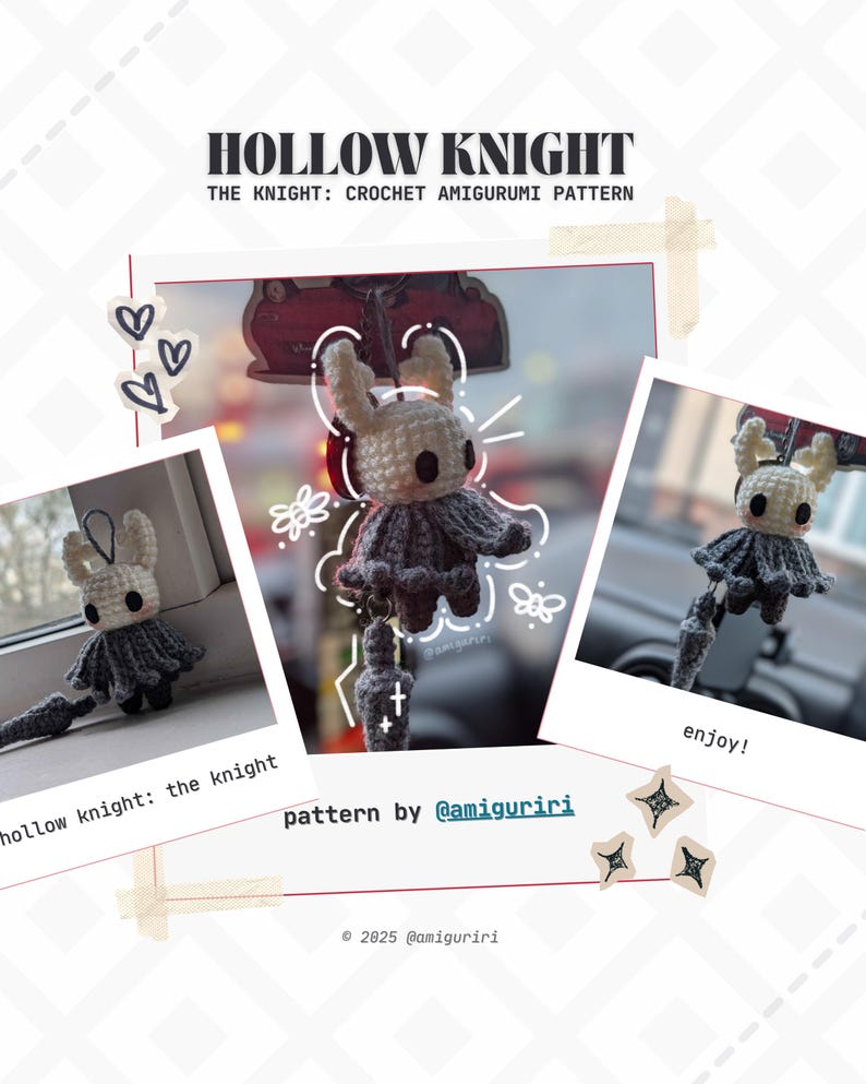 May include: A crochet amigurumi pattern for the Hollow Knight character, featuring a white head with black eyes and a dark grey cloak. The image includes text reading HOLLOW KNIGHT, THE KNIGHT: CROCHET AMIGURUMI PATTERN, pattern by @amiguriri, and enjoy!