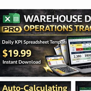 Könnte beinhalten: Werbung für eine Tabellenvorlage "Warehouse Daily Pro Operations Tracker". Das Bild zeigt einen Laptop und einen Taschenrechner, die Daten anzeigen, mit dem Text "Daily KPI Spreadsheet Template".