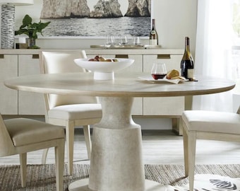 Modern Round Pedestal Dining Table: Light Wood Top, Stone-Like Base