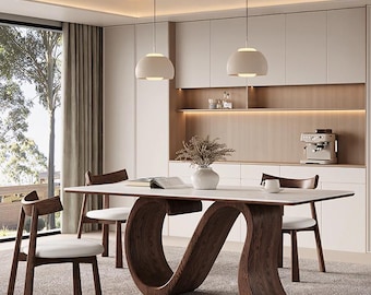 S-Shaped Walnut Round Dining Table with Faux Marble Top for Romantic Dinners