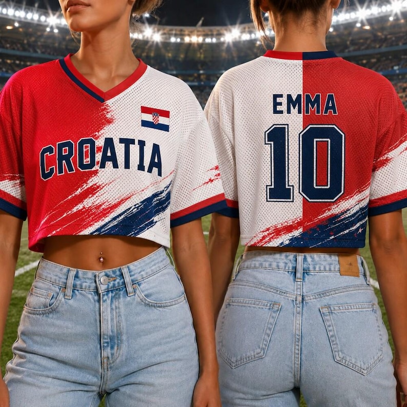 Custom Croatia Soccer Crop Top Jersey, Personalized Croatia Football Women Shirt, Game Day Crop Top image 1