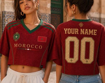 Personalized Morocco Soccer Crop Top, Custom Name Number Football Jersey Shirt, Morocco Flag Fan Jersey, Women's Game Day Tee