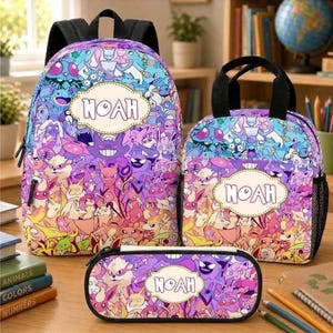 Personalisiertes Pokémon-Kinderrucksack-Set, Schulranzen mit individuellem Namen, Lunchbox und Federmäppchen, Anime-Schulstartgeschenk