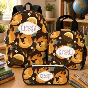 Charizard Pokémon-Rucksack-Set, personalisierter Schulranzen mit Namen, Brotdose und Federmäppchen, Geschenk zum Schulanfang