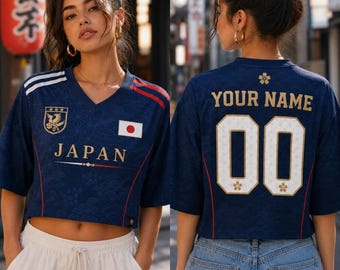Personalized Japan Crop Top Jersey, Women's Japan Soccer Crop Tee, Japanese Football Shirt, Japan Fan Crop Top, Soccer Cup Supporter Gift
