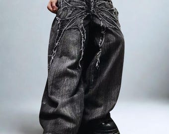 Gotyckie, workowate dżinsy Y2K z szerokimi nogawkami, jeansy Streetwear z haftem, vintage, hip-hopowe, czarne, unisex, casualowe spodnie