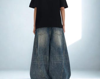 Übergroße Jeans mit weitem Bein Herren Vintage Washed Denim Streetwear Baggy Skater Hose Loose Fit Blau Casual Unisex Hose
