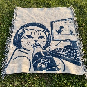 May include: A cream-colored woven blanket with dark blue fringe featuring a graphic of a cat wearing headphones, drinking from a bottle labeled PSI, and sitting at a computer displaying a pixelated dinosaur game with a cactus.