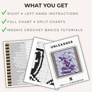 May include: A digital crochet pattern document titled UNLEASHED featuring a purple and white graphic of dragons flying from an open book. The document includes right and left hand instructions, full and split charts, and mosaic crochet tutorials.
