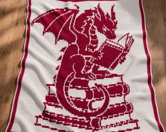 Bookish Dragon | Dragon Crochet Mosaic Crochet Blanket PATTERN ONLY PDF | Bookworm Blanket