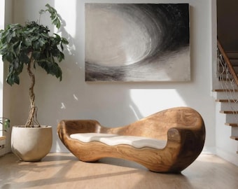 Artistic Solid Oak Sofa Frame, Handcrafted Sculptural Wood Settee with Organic Curves