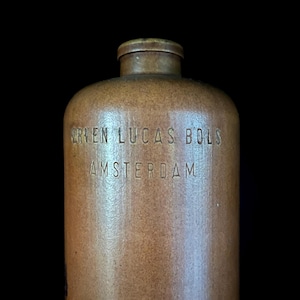 Vintage Erven Lucas Bols stengodsflaska, antik holländsk Amsterdam likörkanna, brun glaserad keramik