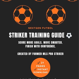 May include: A digital download cover for a soccer striker training guide. The design features orange soccer balls on a black background. Text includes "Striker Training Guide" and "Score More Goals. Move Smarter. Finish With Confidence."