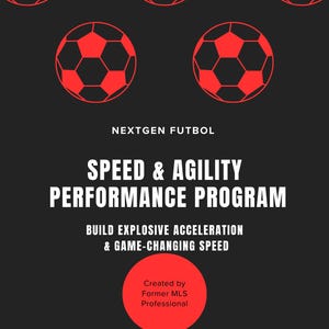 Może przedstawiać: Czarna grafika z czerwonymi piłkami nożnymi i białym tekstem. Tekst brzmi "NEXTGEN FUTBOL SPEED & AGILITY PERFORMANCE PROGRAM" i "BUILD EXPLOSIVE ACCELERATION & GAME-CHANGING SPEED." Czerwone koło mówi "Created by Former MLS Professional."