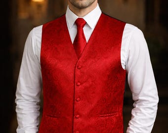 Men’s Paisley Tuxedo Vest Set XS–6XL – Formal Waistcoat, Tie, Pocket Square, Wedding Prom
