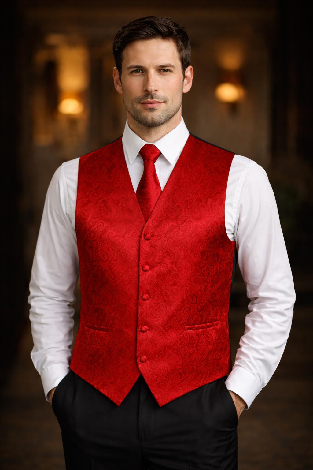 open lace back dress Black Suit With Red Vest and Tie Set