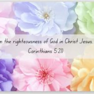 May include: A floral arrangement featuring a variety of colorful flowers in shades of pink, purple, blue, green, and yellow. The text "I am the righteousness of God in Christ Jesus. (2 Corinthians 5:21)" is overlaid on the image.