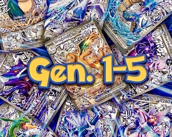 Pode incluir: Uma coleção de cartas colecionáveis coloridas com várias criaturas ilustradas, incluindo Snorlax, Lugia, Gyarados, Dragonite, Mewtwo, Rayquaza, Dialga e Palkia, com o texto amarelo Gen. 1-5 sobreposto no centro da imagem.