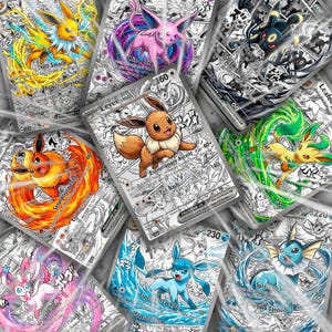 Könnte beinhalten: Eine Sammlung von Eevee und Eeveelution Sammelkarten mit farbenfrohen Illustrationen von Jolteon, Espeon, Umbreon, Flareon, Eevee, Leafeon, Sylveon, Glaceon und Vaporeon. Jede Karte zeigt Charakternamen, Angriffsmanöver und Spieltexte.