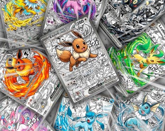 Könnte beinhalten: Eine Sammlung von Eevee und Eeveelution Sammelkarten mit farbenfrohen Illustrationen von Jolteon, Espeon, Umbreon, Flareon, Eevee, Leafeon, Sylveon, Glaceon und Vaporeon. Jede Karte zeigt Charakternamen, Angriffsmanöver und Spieltexte.