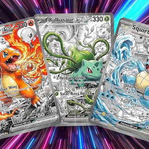 May include: Three Pokémon EX trading cards featuring Charmander, Bulbasaur, and Squirtle. Each card has a unique illustration with vibrant colors and detailed artwork. The cards display attack names and HP values.
