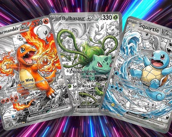 Comic Anime Style Kanto Starter Fan Art Cards - Squirtle, Charmander, Bulbasaur
