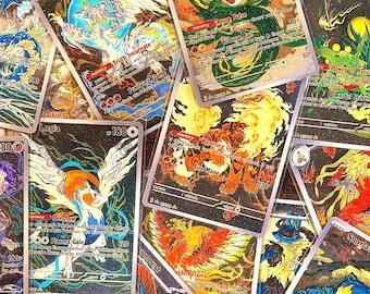 Könnte beinhalten: Eine Sammlung farbenfroher Sammelkarten mit verschiedenen Fantasiewesen. Die Karten haben detaillierte Illustrationen und Texte mit einer Mischung aus leuchtenden Farben wie Blau, Grün, Orange und Gelb. Einige Karten zeigen Texte wie "Reshiram", "Lugia" und "Warming Up".