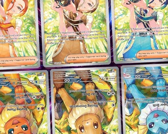Könnte beinhalten: Nahaufnahme von sechs Pokémon-Sammelkarten. Die obere Reihe zeigt Trainerkarten mit einer Frau, die eine Kamera hält, mit der Aufschrift "Perrin". Die untere Reihe zeigt Pokémon-Karten, darunter Evoli und Flamara.